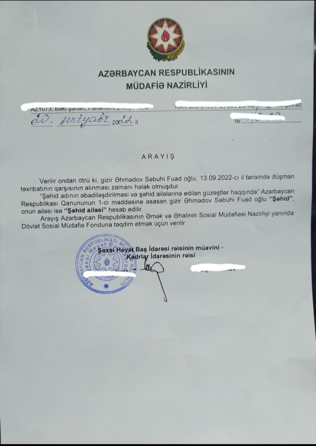 Müdafiə Nazirliy: Səbuhi Əhmədova "şəhid", ailəsinə "şəhid ailəsi" statusu verilməsi ilə bağlı DSMF üçün arayış hazırlayıb