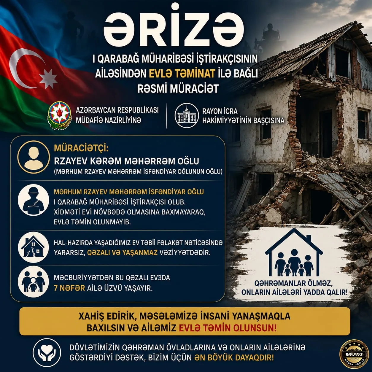 Qarabağ müharibəsi iştirakçısının ailəsi mənzil problemi ilə bağlı aidiyyəti qurumlara müraciət etdi