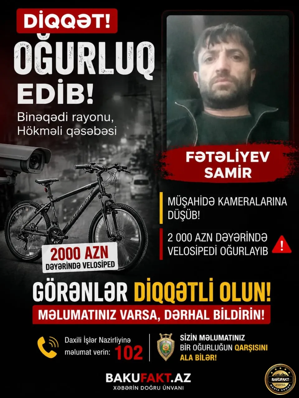 Binəqədidə 2 000 manatlıq velosipedin oğurlandığı iddia olunur – Şübhəli şəxs kameraya düşüb