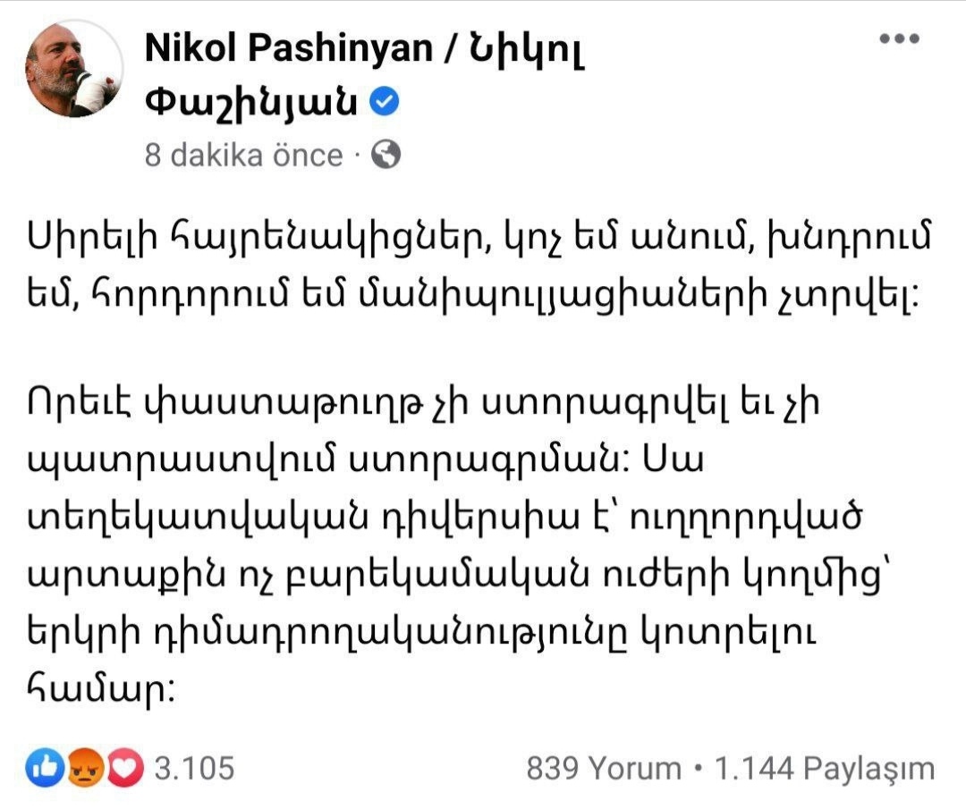 Nikol Pashinyan ermənilərə səsləndi: